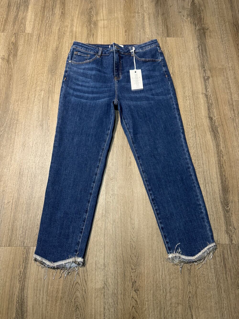 Risen Jeans Women's Dark Blue High-Rise Straight Jeans with Frayed Hem